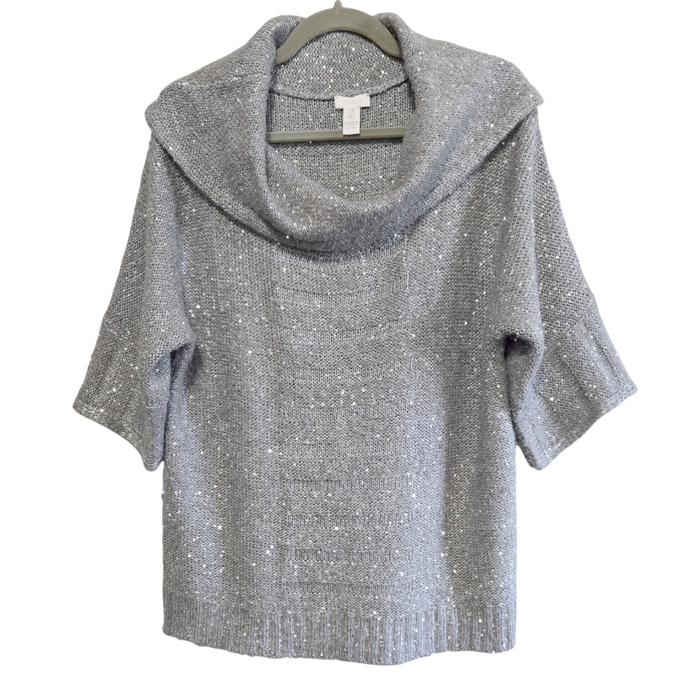 Chico's Silver Sequin Cowl Neck Knit Sweater Elbow Sleeve Metallic Gray Size 2/L